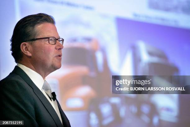 Leif Johansson, chief executive of Swedish truck and bus maker AB Volvo presents the company's second-quarter report in Gothenburg, Sweden 21 July...