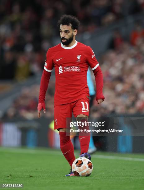 Mohamed Salah of Liverpool on the ball during the UEFA Europa League 2023/24 round of 16 second leg match between Liverpool FC and AC Sparta Praha at...