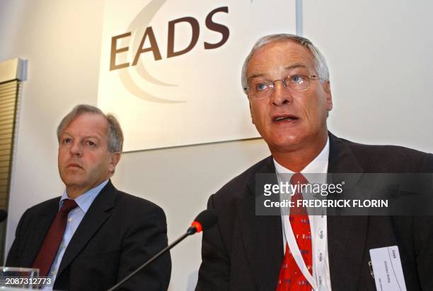 World's second-largest aerospace and defence company EADS' chairmen France's Phillipe Camus and Germany's Rainer Hertrich hold a press conference, at...
