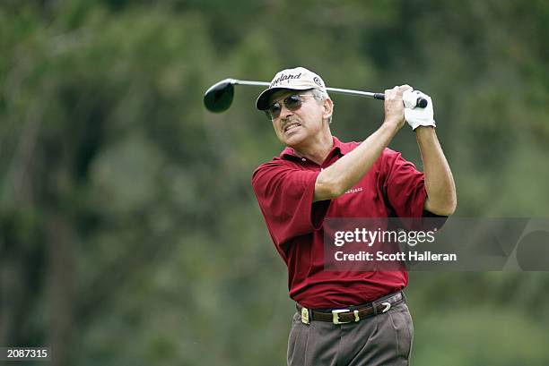 Morris Hatalsky hits a shot during the final round of the Senior PGA Championship on June 8, 2003 at the Aronimink Golf Club in Newtown Square,...