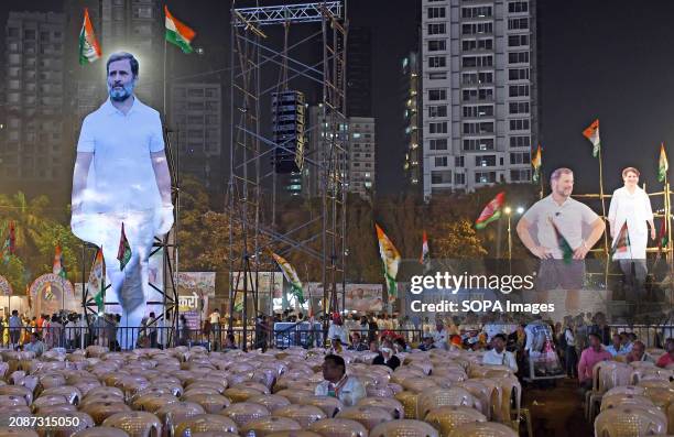 Huge cut out of Indian National Congress leader Rahul Gandhi is seen at a gathering to conclude 'Bharat Jodo Nyay Yatra' in Mumbai. The 'Bharat Jodo...