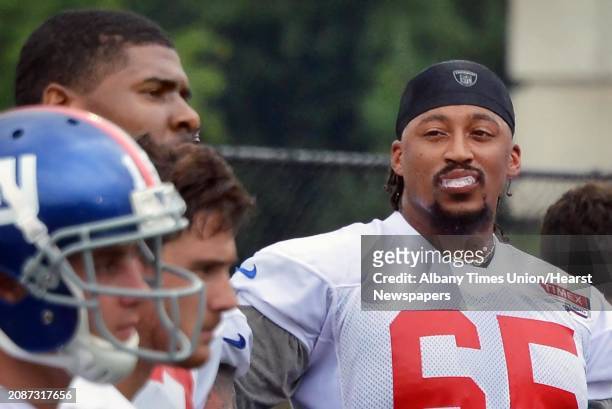 New York Giants offensive tackle, Will Beatty, at right, during training camp at UAlbany Saturday July 28, 2012.