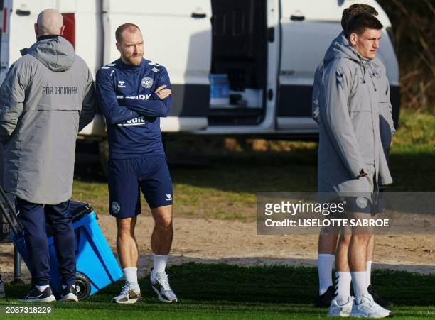 Denmark's midfielder Christian Eriksen attends a training session in Helsingoer, Denmark on March 18 a few days ahead of an international friendly...