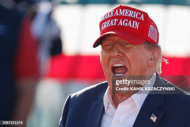 Former US President and Republican presidential candidate Donald Trump speaks during a Buckeye Values PAC Rally in Vandalia, Ohio, on March 16, 2024.