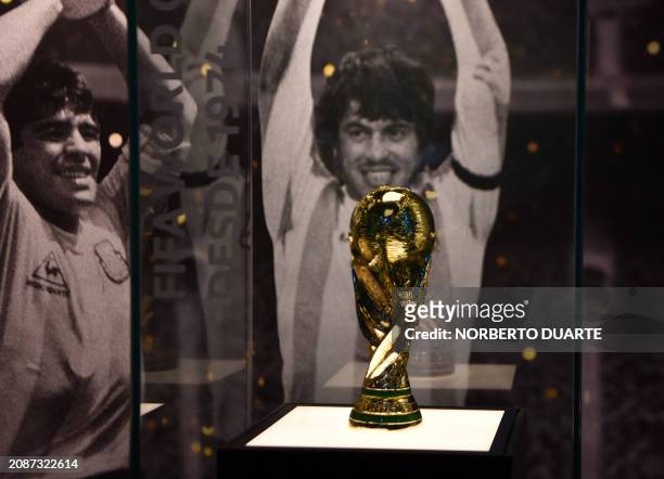 View of a replica of the FIFA World Cup trophy in front of pictures of former football stars Diego Armando Maradona and Daniel Passarella -captains...