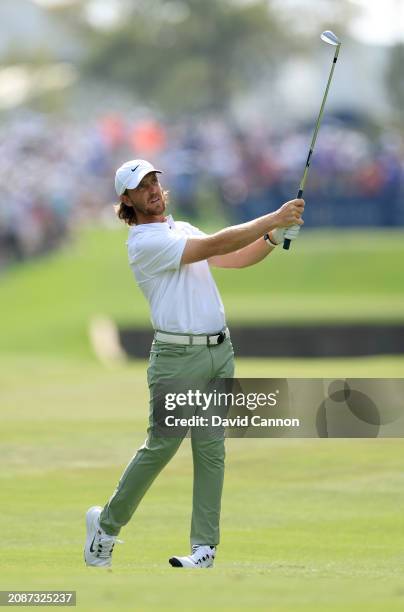 Tommy Fleetwood of England plays his second shot on the 10th hole during the second round of THE PLAYERS Championship on the Stadium Course at TPC...