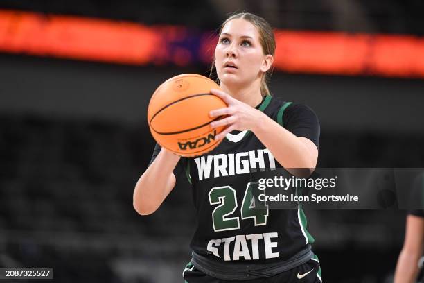 Wright State Raiders Guard Kacee Baumhower shoots a free throw during the Horizon League Championship semi-final game between the Cleveland State...