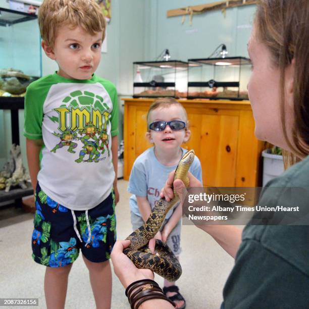 Four-year-old Ruston Trombley, left, of Wilton, and his brother Devlin are shown an injured adult female eastern hognose snake by park educator...