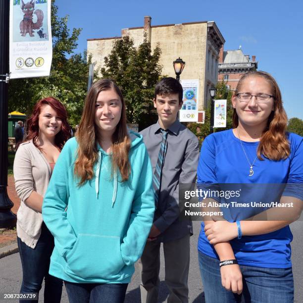 Winning Cohoes students of the Safe Summer Poster Contest, from left, Carrissa Bushey Emily Bechand Devon LaBlanc and Gabrielle Rushia, 15 during a...