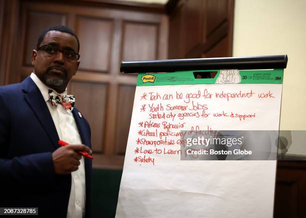 Brockton, MA Rahsaan D. Hall, president and chief executive officer of the Urban League of Eastern Massachusetts, highlights points made during a...