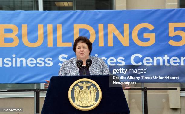 Commissioner RoAnn Desito speaks during ceremonies to reopen the newly renovated building 5, on the Harriman Campus unused since 2004, Tuesday July...