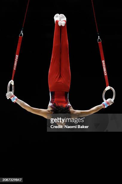 Elijah Ramirez of Harrow School performs on the rings during the men's under 14 artistic during Day Two of the 2024 Gymnastics British Championships...