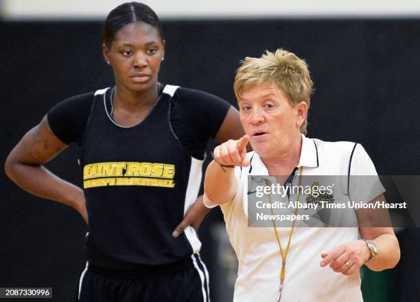 College of Saint Rose sophomore forward Staci Barrett, left, and head coach Karen Haag during team practice Thursday Nov. 5, 2015 in Albany, NY. .