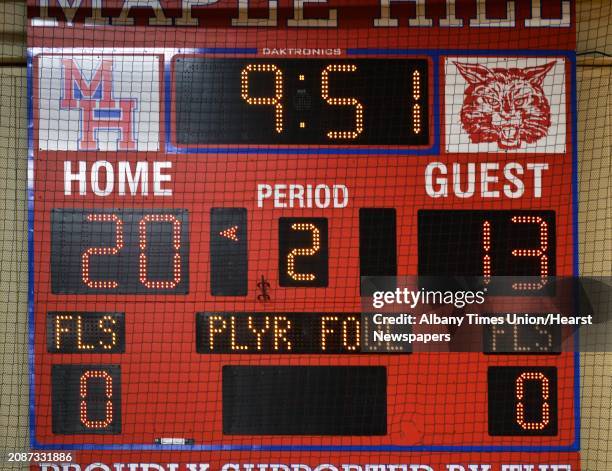 Scoreboard shows resetting of fouls after the first quarter of the Hudson-Maple Hill girls' basketball game Saturday Jan. 9, 2016 in Castleton, NY.