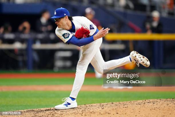 Joe Kelly of the Los Angeles Dodgers pitches during the 2024 Seoul Series game between the Los Angeles Dodgers and the Kiwoom Heroes at Gocheok Sky...