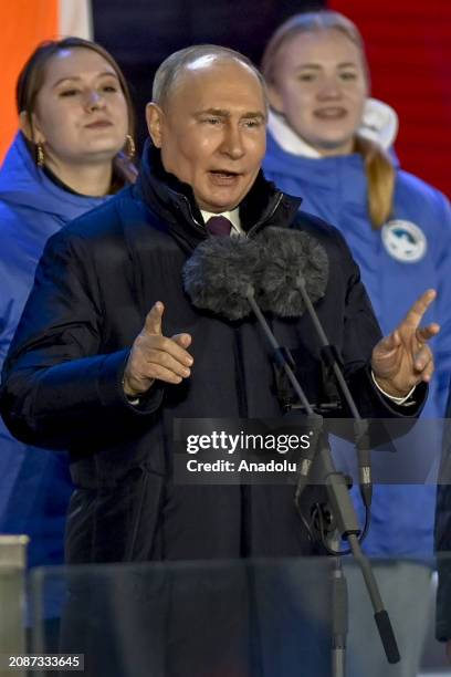 Russian President Vladimir Putin addresses his citizens gathered at Red Square in Moscow, Russia on March 18, 2024. Putin appeared in public for the...