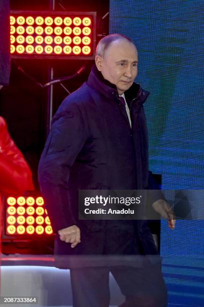 Russian President Vladimir Putin greets his citizens gathered at Red Square in Moscow, Russia on March 18, 2024. Putin appeared in public for the...