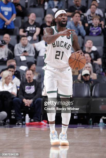 Patrick Beverley of the Milwaukee Bucks calls a play while bringing the ball up the court during the game against the Sacramento Kings on March 12,...