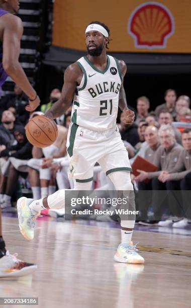 Patrick Beverley of the Milwaukee Bucks brings the ball up the court during the game against the Sacramento Kings on March 12, 2024 at Golden 1...
