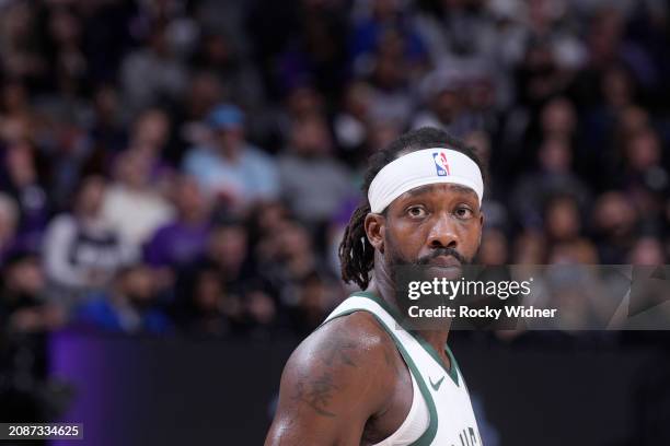 Patrick Beverley of the Milwaukee Bucks looks on during the game against the Sacramento Kings on March 12, 2024 at Golden 1 Center in Sacramento,...