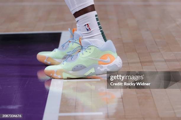 The sneakers worn by Patrick Beverley of the Milwaukee Bucks during the game against the Sacramento Kings on March 12, 2024 at Golden 1 Center in...