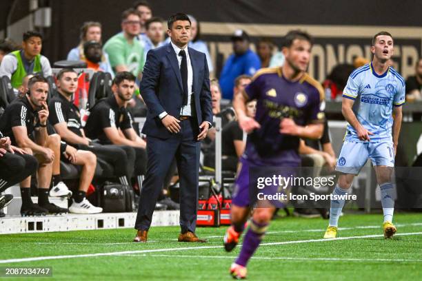 Atlanta head coach Gonzalo Pineda reacts during the MLS match between Orlando City SC and Atlanta United FC on March 17th, 2024 at Mercedes-Benz...