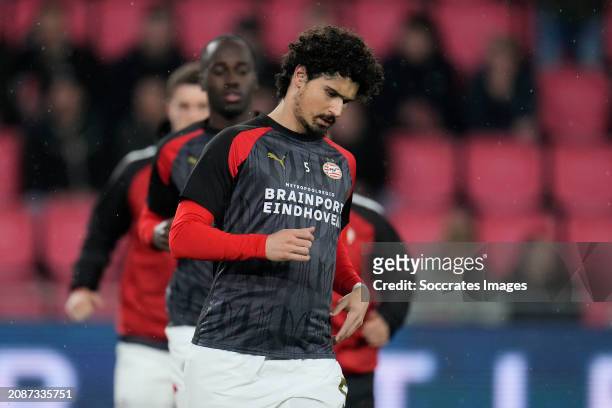 Andre Ramalho of PSV during the warming up during the Dutch Eredivisie match between PSV v Fc Twente at the Philips Stadium on March 17, 2024 in...