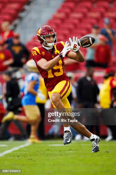 Duce Robinson of the USC Trojans catches the ball during a game against the UCLA Bruins at United Airlines Field at the Los Angeles Memorial Coliseum...