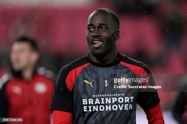 Jordan Teze of PSV during the warming up during the Dutch Eredivisie match between PSV v Fc Twente at the Philips Stadium on March 17, 2024 in...