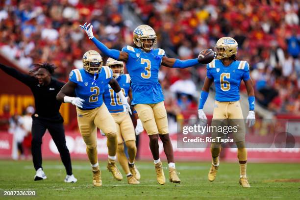 Devin Kirkwood of the UCLA Bruins celebrates during a game against the USC Trojans at United Airlines Field at the Los Angeles Memorial Coliseum on...