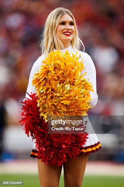 Trojans cheerleader during a game against the UCLA Bruins at United Airlines Field at the Los Angeles Memorial Coliseum on November 11, 2023 in Los...