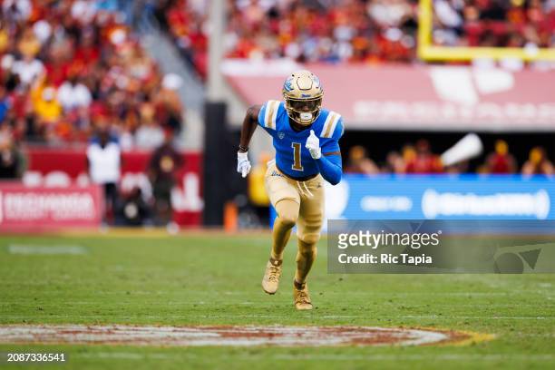Michael Sturdivant of the UCLA Bruins runs a route during a game against the USC Trojans at United Airlines Field at the Los Angeles Memorial...
