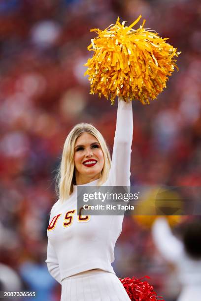 Trojans cheerleader during a game against the UCLA Bruins at United Airlines Field at the Los Angeles Memorial Coliseum on November 11, 2023 in Los...