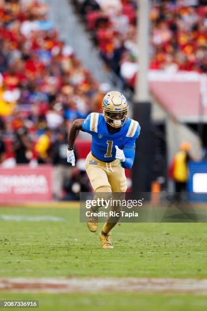 Michael Sturdivant of the UCLA Bruins runs a route during a game against the USC Trojans at United Airlines Field at the Los Angeles Memorial...