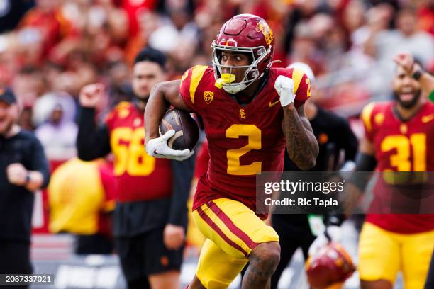 Brenden Rice of the USC Trojans runs after the catch during a game against the UCLA Bruins at United Airlines Field at the Los Angeles Memorial...
