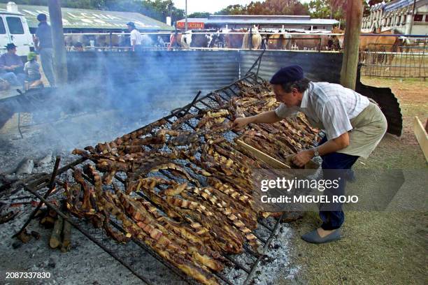 Gaucho prepares a barbecue 09 April 2001 during Criolla del Prado, a traditional celebration where horse riders come to the capital, Montevideo,...