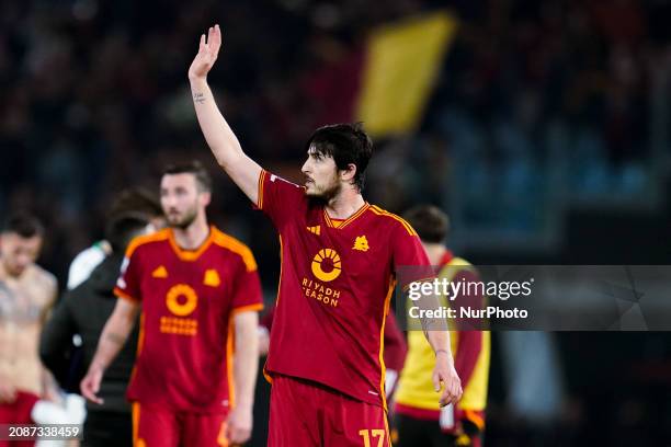 Sardar Azmoun of AS Roma gestures during the Serie A TIM match between AS Roma and US Sassuolo Calcio at Stadio Olimpico on March 17, 2024 in Rome,...