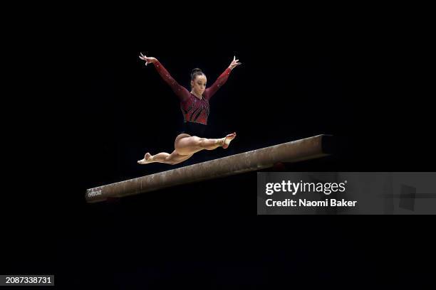 Tahlia Wyatt of Bristol Hawks Gym performs her routine on the Beam during the Women's Artistic Junior competition during Day Two of the 2024...