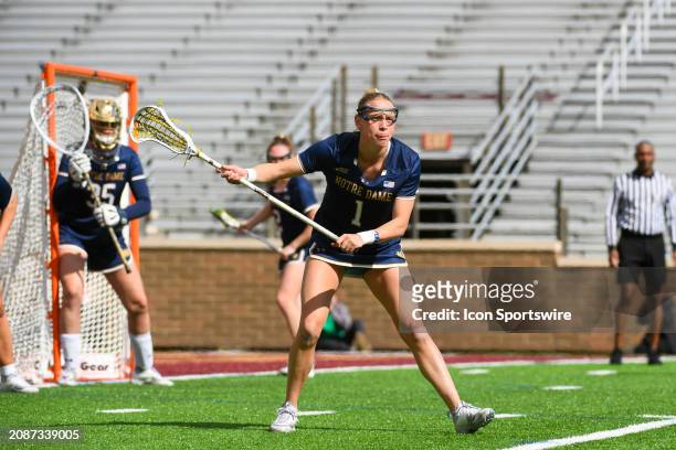 Notre Dame Fighting Irish attack Alison Harbaugh looks on during a women's college lacrosse game between the Notre Dame Fighting Irish and the Boston...