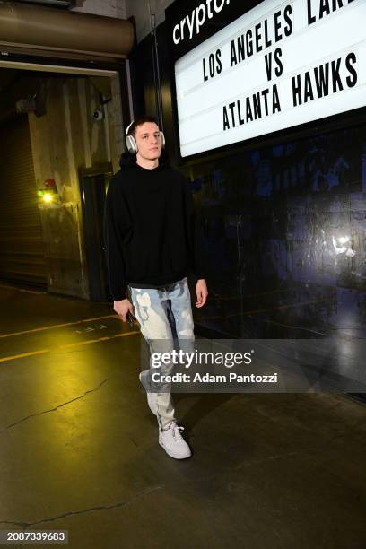 Vit Krejci of the Atlanta Hawks arrives to the arena before the game on March 18, 2024 at Crypto.Com Arena in Los Angeles, California. NOTE TO USER:...