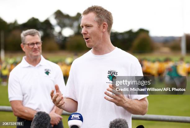 Jack Riewoldt speaks with media during the Tasmania Devils Media Opportunity at Campbell Town Football Club on March 19, 2024 in Campbell Town,...