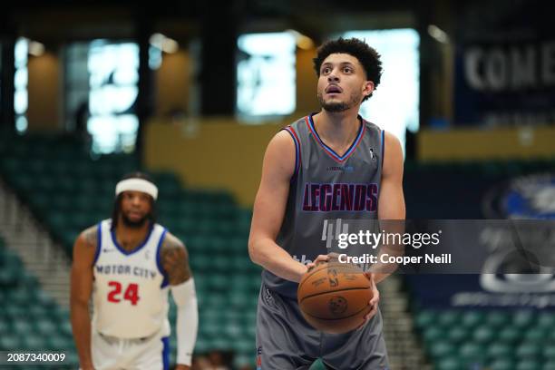 Justin Jackson of the Texas Legends shoots the ball during the game against the Motor City Cruise on March 18, 2024 at Comerica Center in Frisco,...