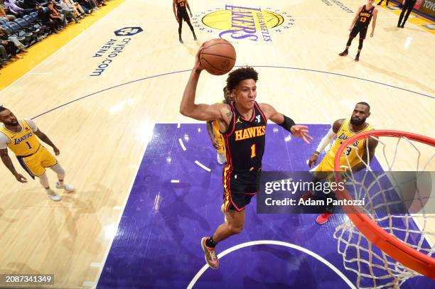 Jalen Johnson of the Atlanta Hawks goes to the basket during the game on March 18, 2024 at Crypto.Com Arena in Los Angeles, California. NOTE TO USER:...