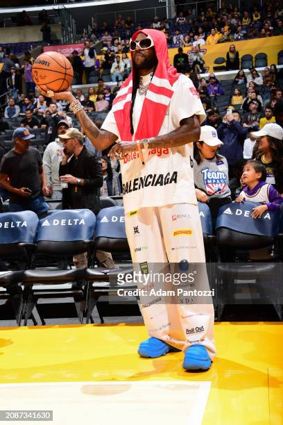 Chainz looks on before the game on March 18 2023 at Crypto.Com Arena in Los Angeles, California. NOTE TO USER: User expressly acknowledges and agrees...