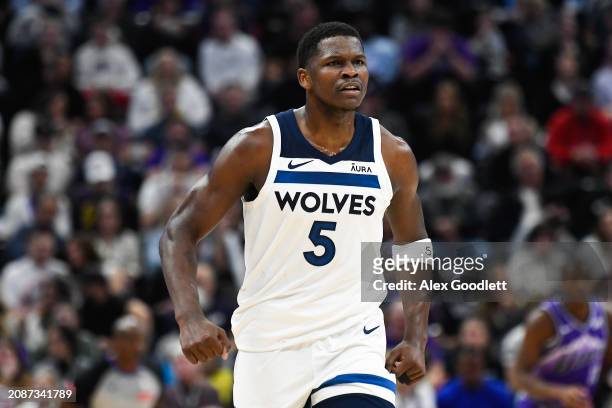 Anthony Edwards of the Minnesota Timberwolves celebrates a play during the second half of a game against the Utah Jazz at Delta Center on March 18,...