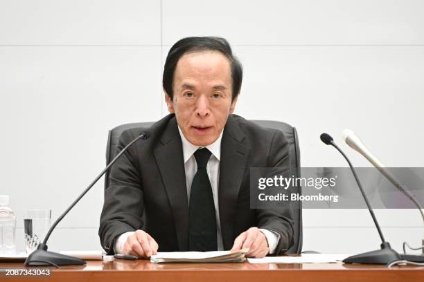 Kazuo Ueda, governor of the Bank of Japan , during a news conference at the central bank's headquarters in Tokyo, Japan, on Tuesday, March 19, 2024....