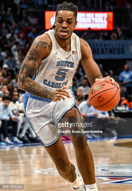 North Carolina Tar Heels forward Armando Bacot in action in the ACC Tournament Championship game between the North Carolina State Wolfpack and the...