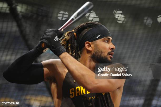 Fernando Tatis Jr. #23 of the San Diego Padres takes batting practice during the 2024 Seoul Series Workout Day at Gocheok Sky Dome on Tuesday, March...