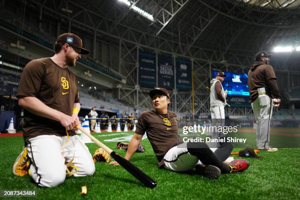Jake Cronenworth and Ha-Seong Kim of the San Diego Padres speak during the 2024 Seoul Series Workout Day at Gocheok Sky Dome on Tuesday, March 19,...