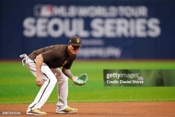 Manny Machado of the San Diego Padres takes ground balls during the 2024 Seoul Series Workout Day at Gocheok Sky Dome on Tuesday, March 19, 2024 in...